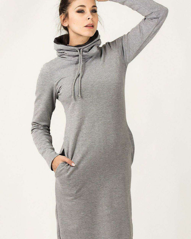Versatile Knit Sweater Dress with Adjustable Funnel Neck and Functional Side Pockets
