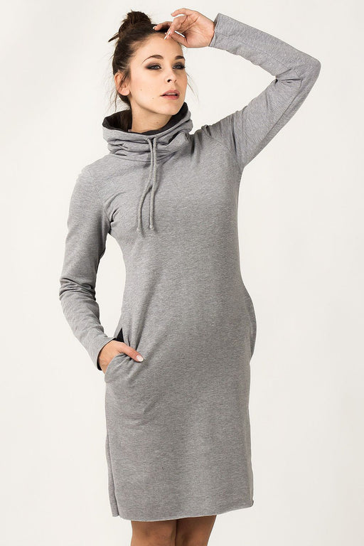 Chic Knit Sweatshirt Dress with Adjustable Chimney Neckline and Side Pockets