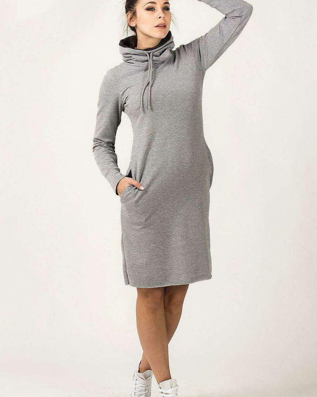 Versatile Knit Sweater Dress with Adjustable Funnel Neck and Functional Side Pockets