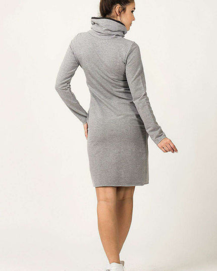 Versatile Knit Sweater Dress with Adjustable Funnel Neck and Functional Side Pockets
