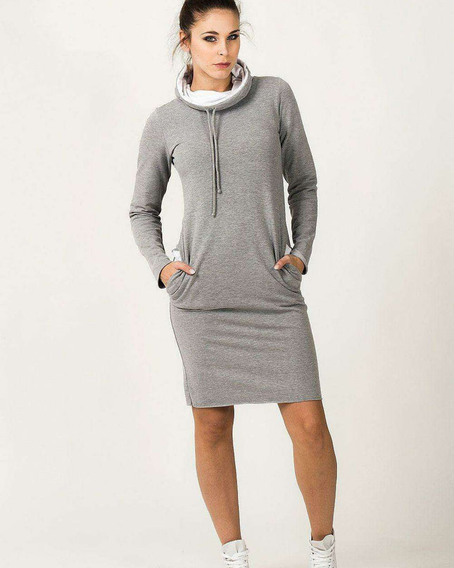 Sporty Chic Adjustable Sweatshirt Dress with Pockets and Versatile Neckline
