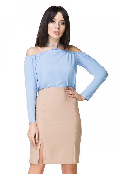 Elegant Pleated Fabric Blouse with Shoulder-Revealing Neckline