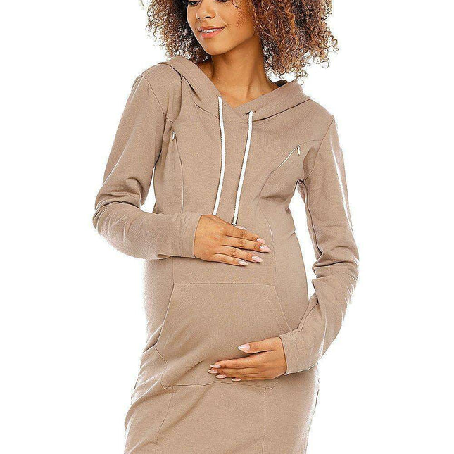 Chic Hooded Maternity and Nursing Dress with Practical Kangaroo Pocket