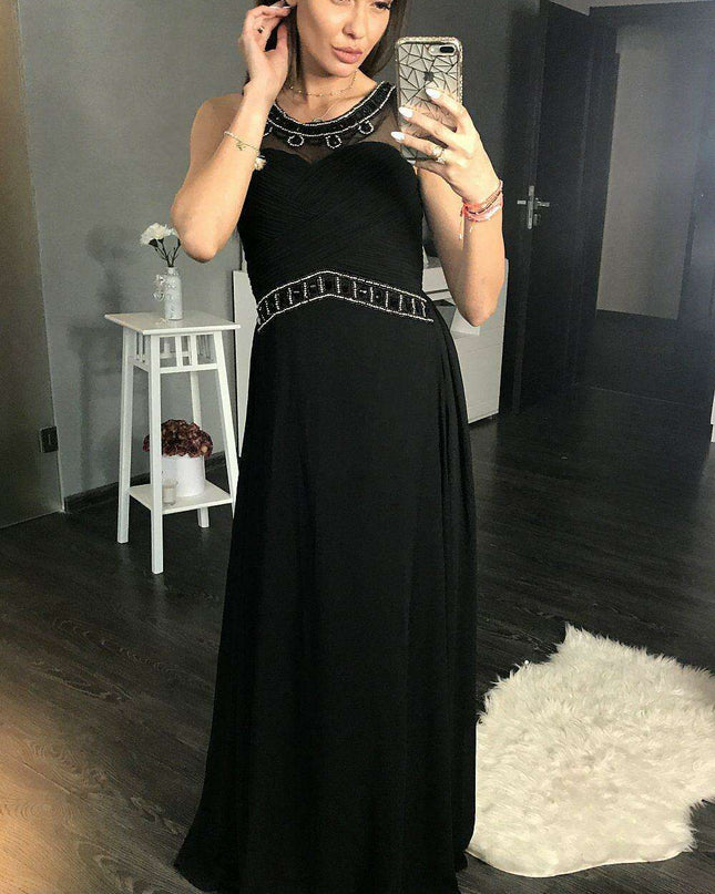 Glamorous Sleeveless Black Maxi Dress with Dazzling Neckline