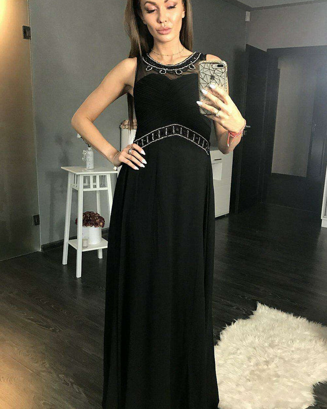 Glamorous Sleeveless Black Maxi Dress with Dazzling Neckline