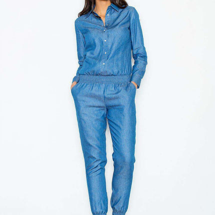 Sophisticated Denim-Look Suit Set with Comfortable Elastic Waist and Elegant Button-Up Blouse