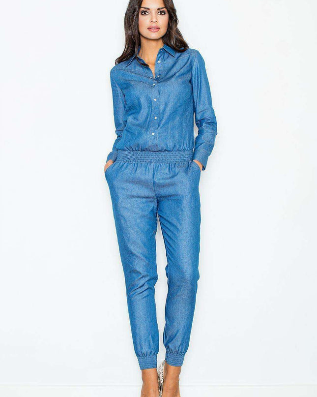 Sophisticated Denim-Look Suit Set with Comfortable Elastic Waist and Elegant Button-Up Blouse