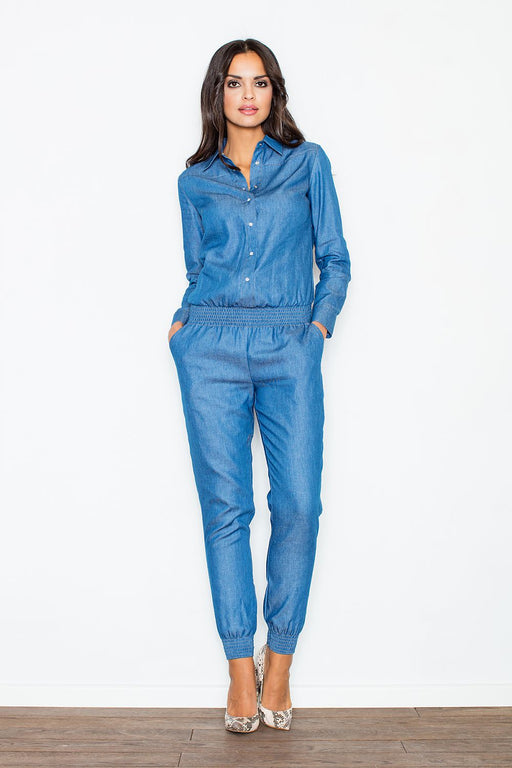 Denim-Inspired Sophisticated Suit Set with Elastic Waistband and Formal Button-Up Top
