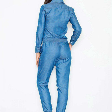 Sophisticated Denim-Look Suit Set with Comfortable Elastic Waist and Elegant Button-Up Blouse