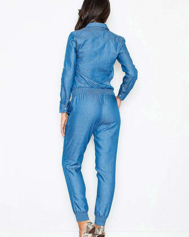 Sophisticated Denim-Look Suit Set with Comfortable Elastic Waist and Elegant Button-Up Blouse