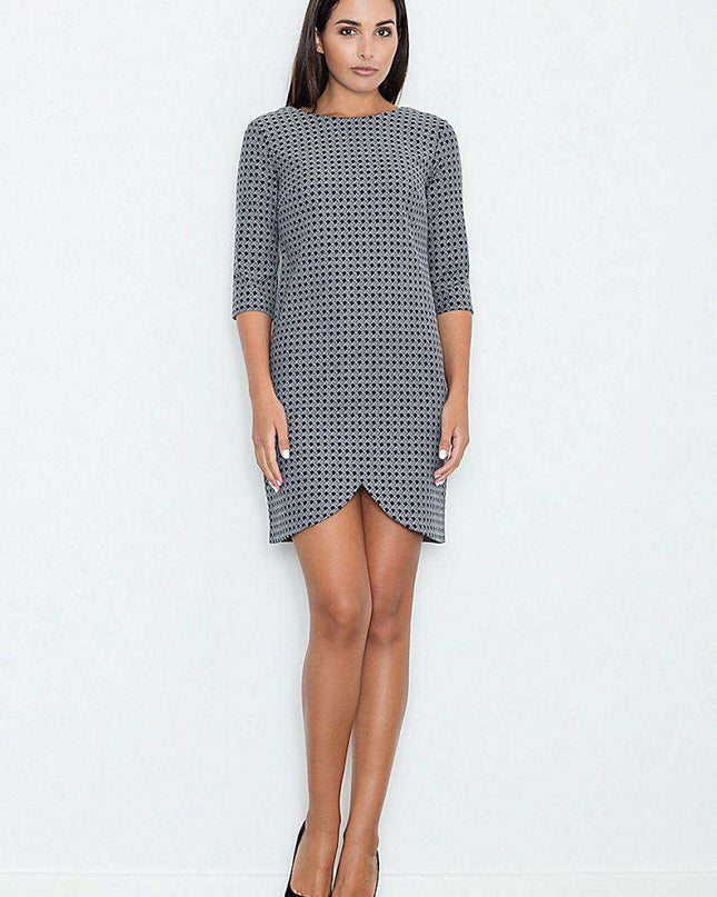 Chic 3/4 Sleeve Day Dress with Elegant Front Slit & Glamorous Gold Zip - Available in Various Sizes