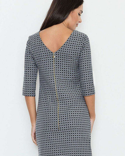 Chic 3/4 Sleeve Day Dress with Elegant Front Slit & Glamorous Gold Zip - Available in Various Sizes