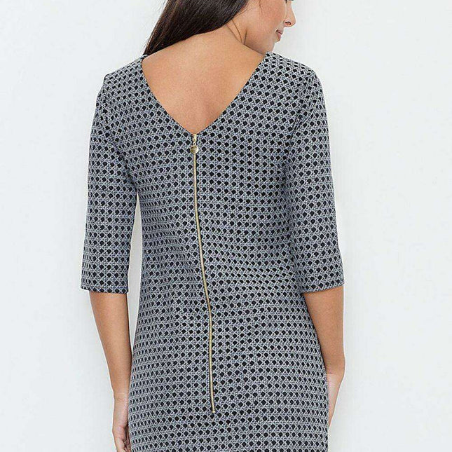 Chic 3/4 Sleeve Day Dress with Elegant Front Slit & Glamorous Gold Zip - Available in Various Sizes