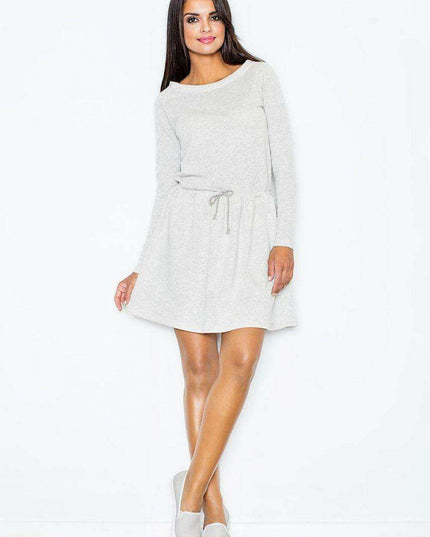Lightweight Long-Sleeved Cotton Flared Dress with Adjustable Waist Tie