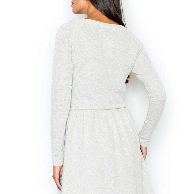 Lightweight Long-Sleeved Cotton Flared Dress with Adjustable Waist Tie