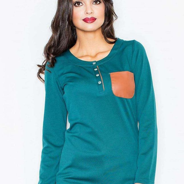 Sleek Eco-Friendly Leather Pocket Blouse with Round Neck Style
