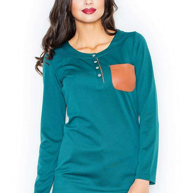 Sleek Eco-Friendly Leather Pocket Blouse with Round Neck Style