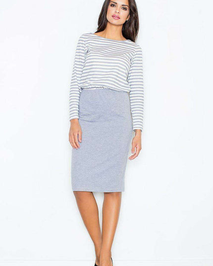 Elegant Striped Cotton Midi Dress with Comfortable Elastic Waist for Women