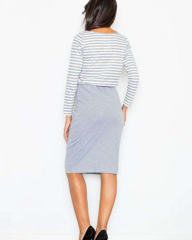 Elegant Striped Cotton Midi Dress with Comfortable Elastic Waist for Women