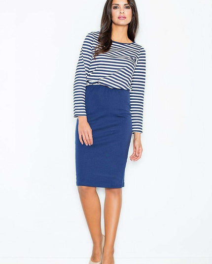 Elegant Striped Midi Dress with Comfortable Elastic Waist - Figl Model 44477