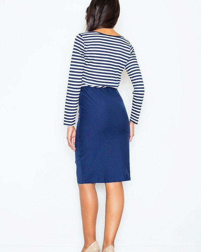 Elegant Striped Midi Dress with Comfortable Elastic Waist - Figl Model 44477