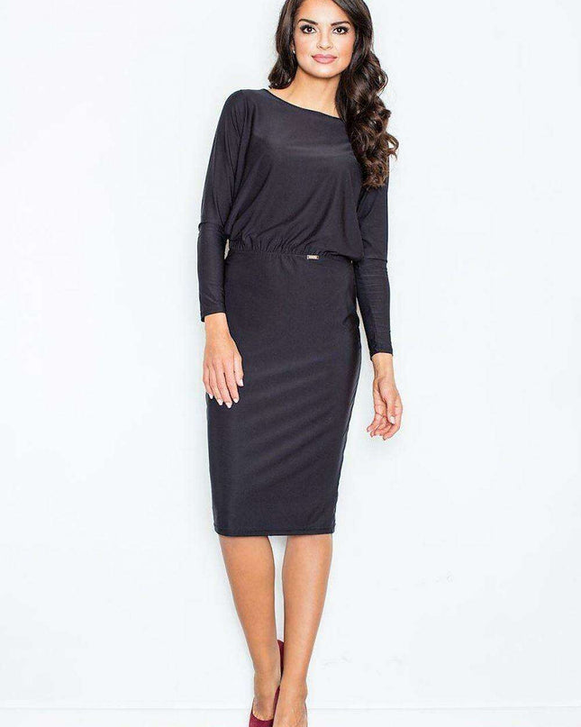 Elegant Boat Neck Midi Dress with Adjustable Waist Tie and Alluring Back Slit