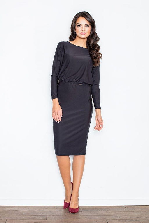 Sophisticated Boat Neck Midi Dress with Back Slit and Waist Tie