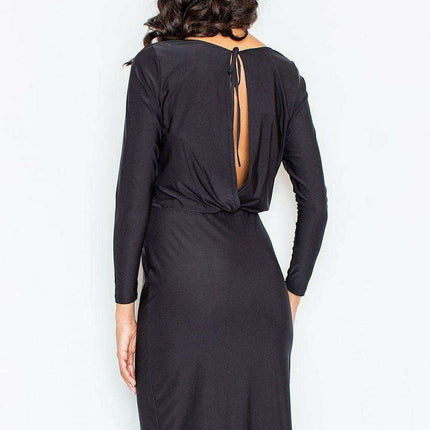 Elegant Boat Neck Midi Dress with Adjustable Waist Tie and Alluring Back Slit