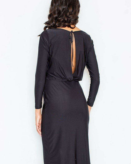 Elegant Boat Neck Midi Dress with Adjustable Waist Tie and Alluring Back Slit