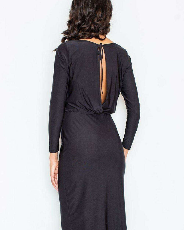 Elegant Boat Neck Midi Dress with Adjustable Waist Tie and Alluring Back Slit