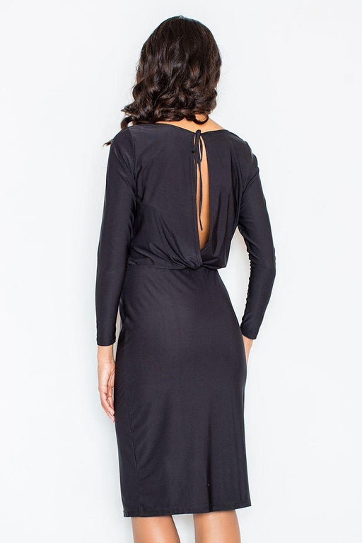 Sophisticated Boat Neck Midi Dress with Back Slit and Waist Tie
