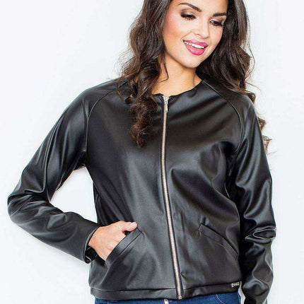 Chic Eco Leather Zip-Up Baseball Jacket with Unique Drawstring Back Detail