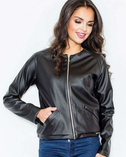 Chic Eco Leather Zip-Up Baseball Jacket with Unique Drawstring Back Detail
