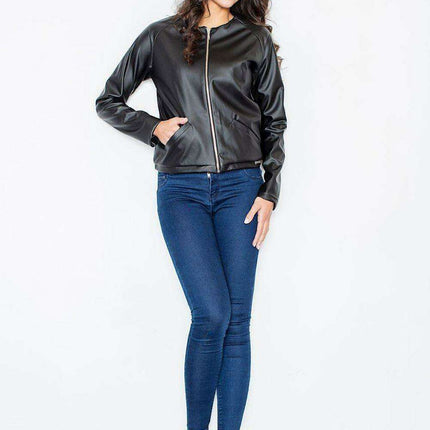 Chic Eco Leather Zip-Up Baseball Jacket with Unique Drawstring Back Detail