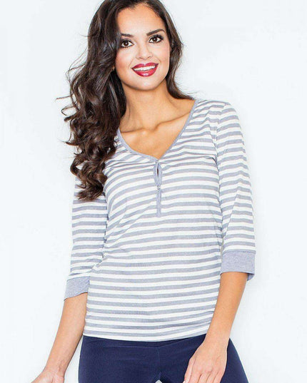 Nautical-Inspired Striped Longsleeve Cotton Top with Elegant Button Front