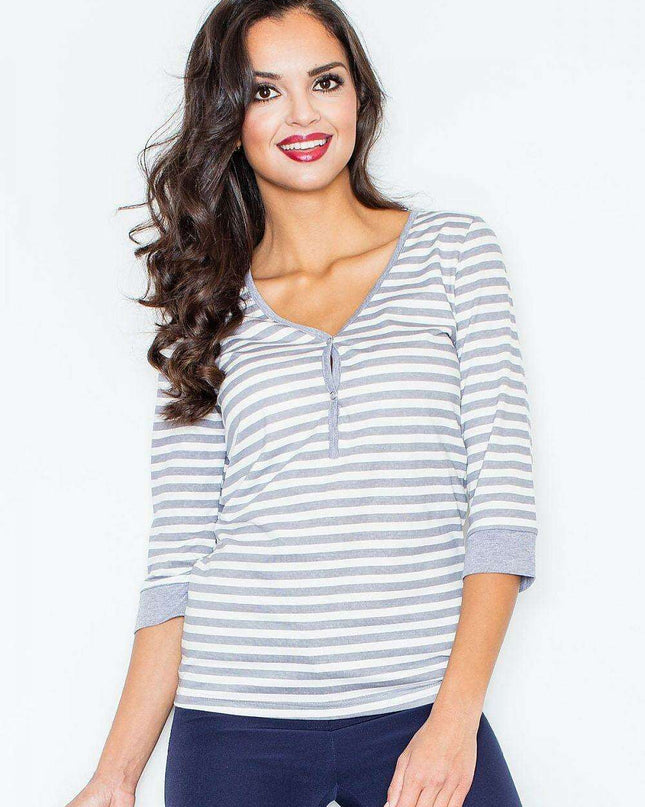 Nautical-Inspired Striped Longsleeve Cotton Top with Elegant Button Front