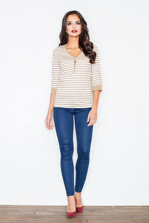 Navy Striped Longsleeve Blouse with Front Buttons