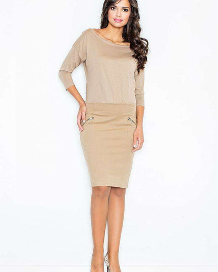 Sophisticated Kimono Sleeve Day Dress with Chic Gold Zipper Pockets - Contemporary Elegance