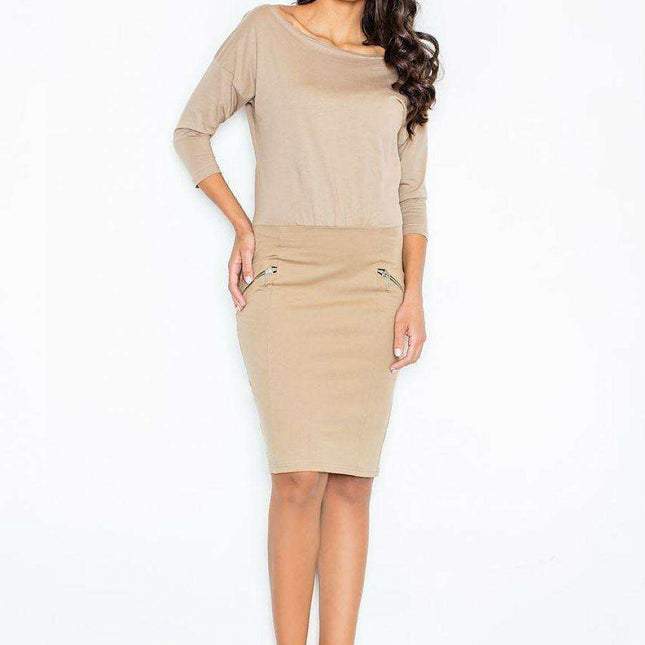 Sophisticated Kimono Sleeve Day Dress with Chic Gold Zipper Pockets - Contemporary Elegance