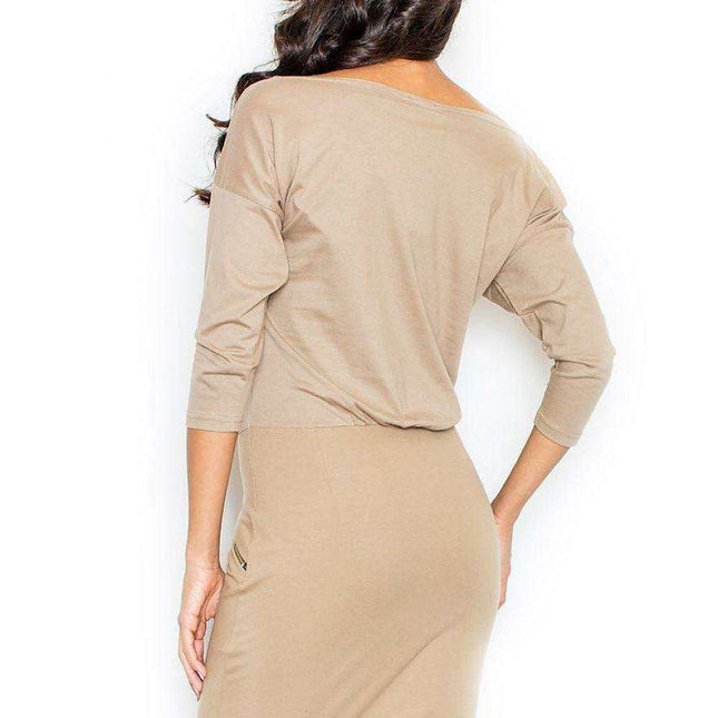 Sophisticated Kimono Sleeve Day Dress with Chic Gold Zipper Pockets - Contemporary Elegance