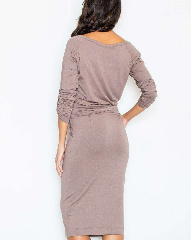 Sophisticated Boat Neck Day Dress with Adjustable Waist Tie: Effortless Elegance