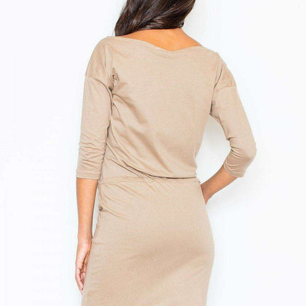 Chic Cotton Sweatshirt Dress with Adjustable Waist and Elegant 3/4 Sleeves - Model 28039