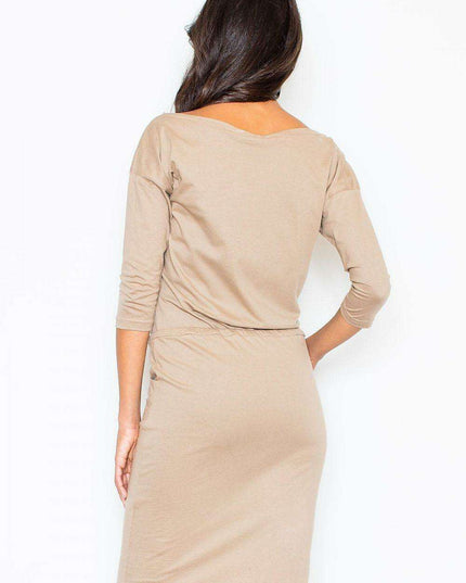 Chic Cotton Sweatshirt Dress with Adjustable Waist and Elegant 3/4 Sleeves - Model 28039
