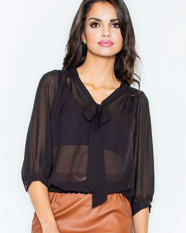 Chic Mist Blouse with Elegant Neck Tie and Decorative Hem