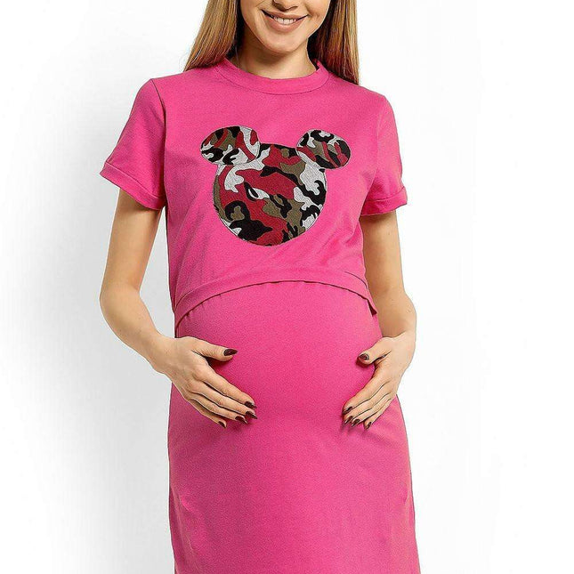 Whimsical Mouse Patch Maternity Nightgown for Comfort & Nursing