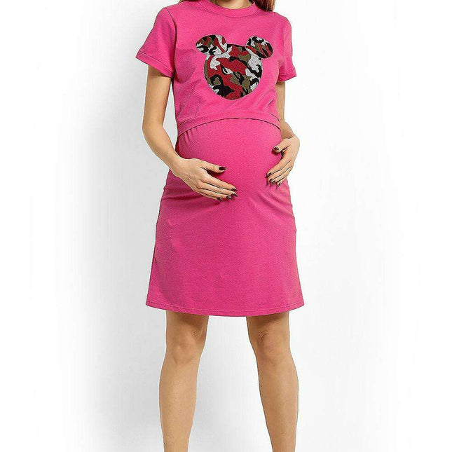 Whimsical Mouse Patch Maternity Nightgown for Comfort & Nursing