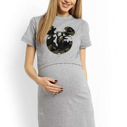 Whimsical Mouse Patch Maternity Nightgown for Comfort & Nursing
