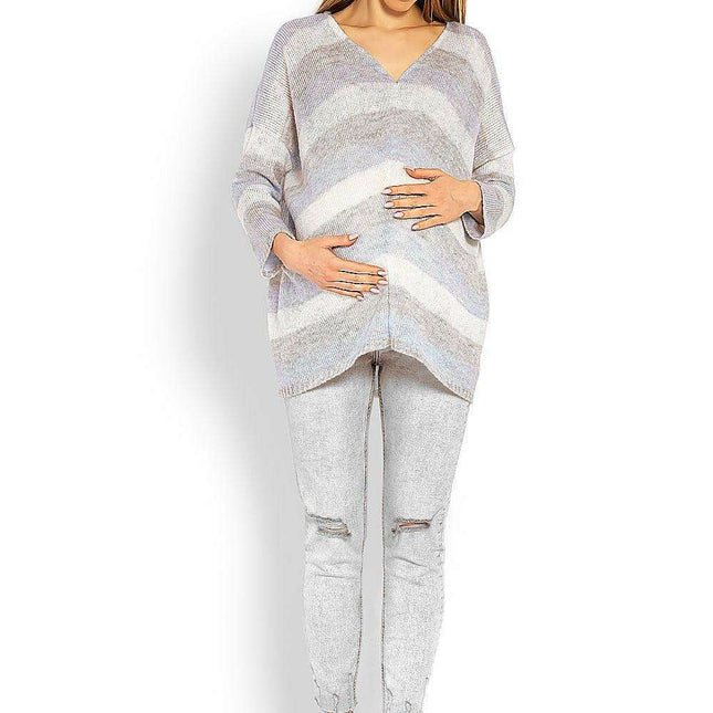 Chic Striped Maternity Sweater with Unique Neckline