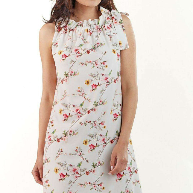 Navy Blue Midi Dress with Bow Accent and Stretchy Neckline