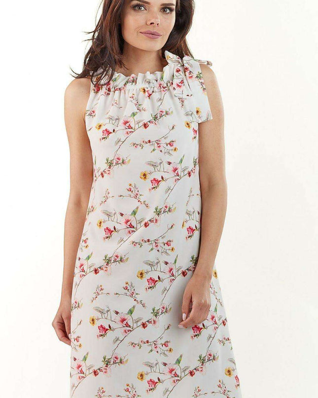 Navy Blue Midi Dress with Bow Accent and Stretchy Neckline